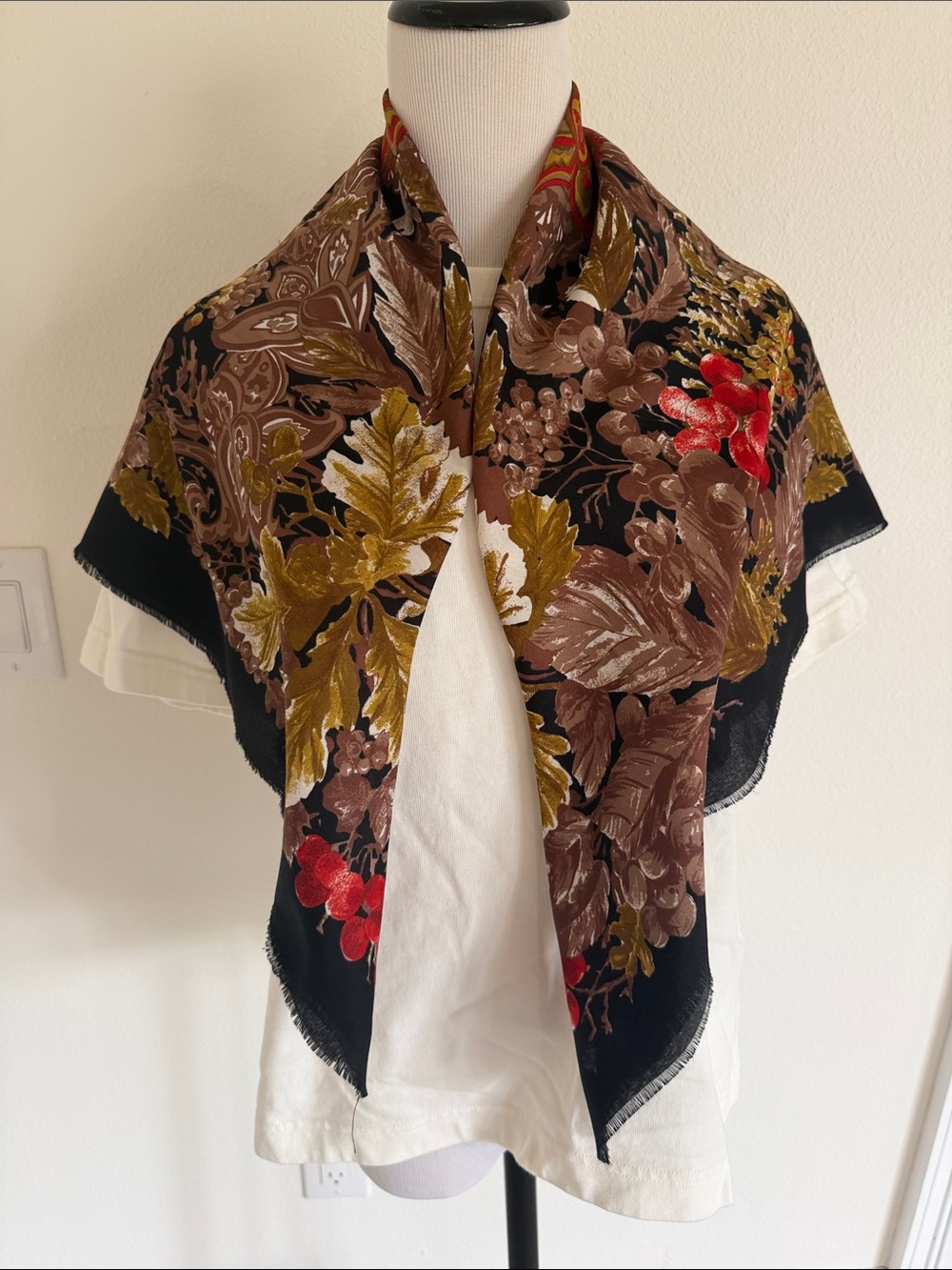 Vintage Black Scarf with Brown, Olive and Red Botanical Print